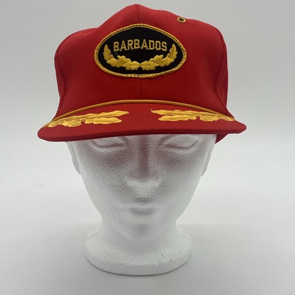 Vintage Embroidered Barbados Caribbean Trucker Hat Snap Back Mesh Back Red Gold - Picture 3 of 6
